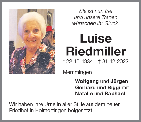 Traueranzeige von Luise Riedmiller von Memminger Zeitung