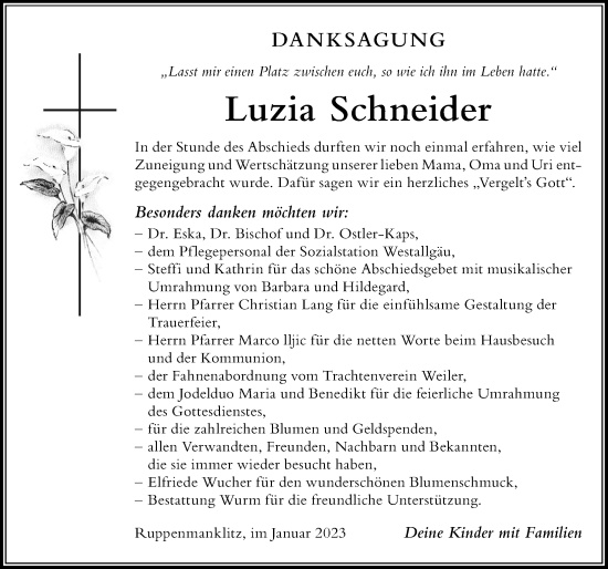 Traueranzeige von Luzia Schneider von Der Westallgäuer