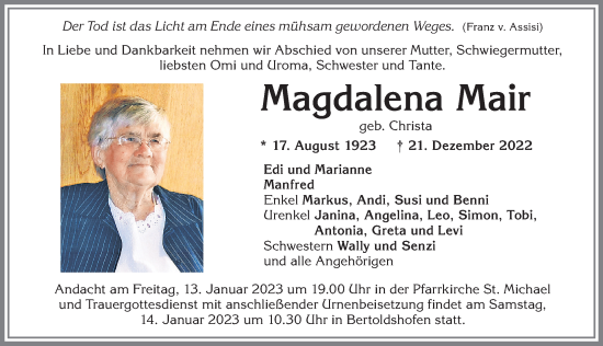 Traueranzeige von Magdalena Mair von Allgäuer Zeitung, Marktoberdorf