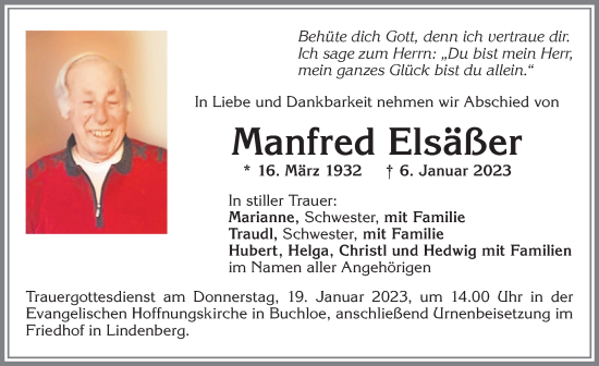 Traueranzeige von Manfred Elsäßer von Allgäuer Zeitung, Kaufbeuren/Buchloe