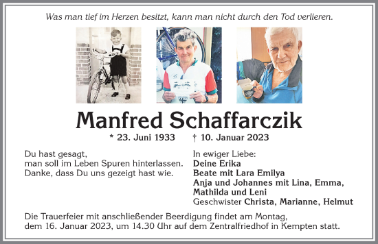 Traueranzeige von Manfred Schaffarczik von Allgäuer Zeitung,Kempten