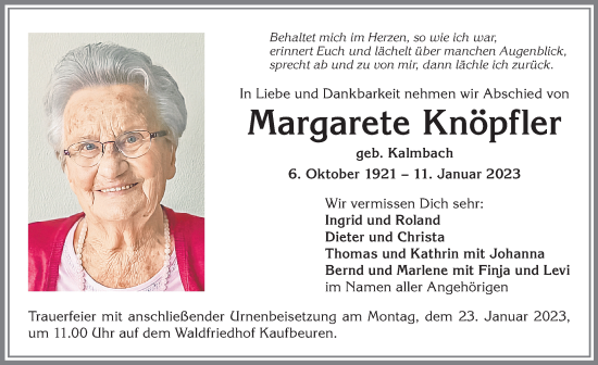 Traueranzeige von Margarete Knöpfler von Allgäuer Zeitung, Kaufbeuren/Buchloe
