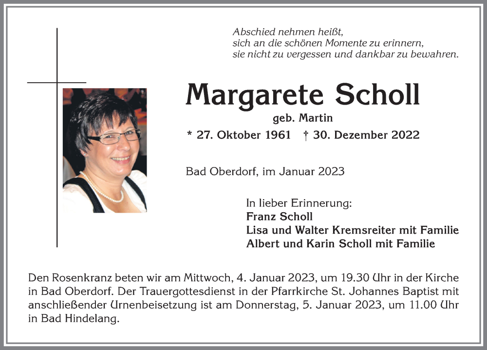  Traueranzeige für Margarete Scholl vom 03.01.2023 aus Allgäuer Anzeigeblatt