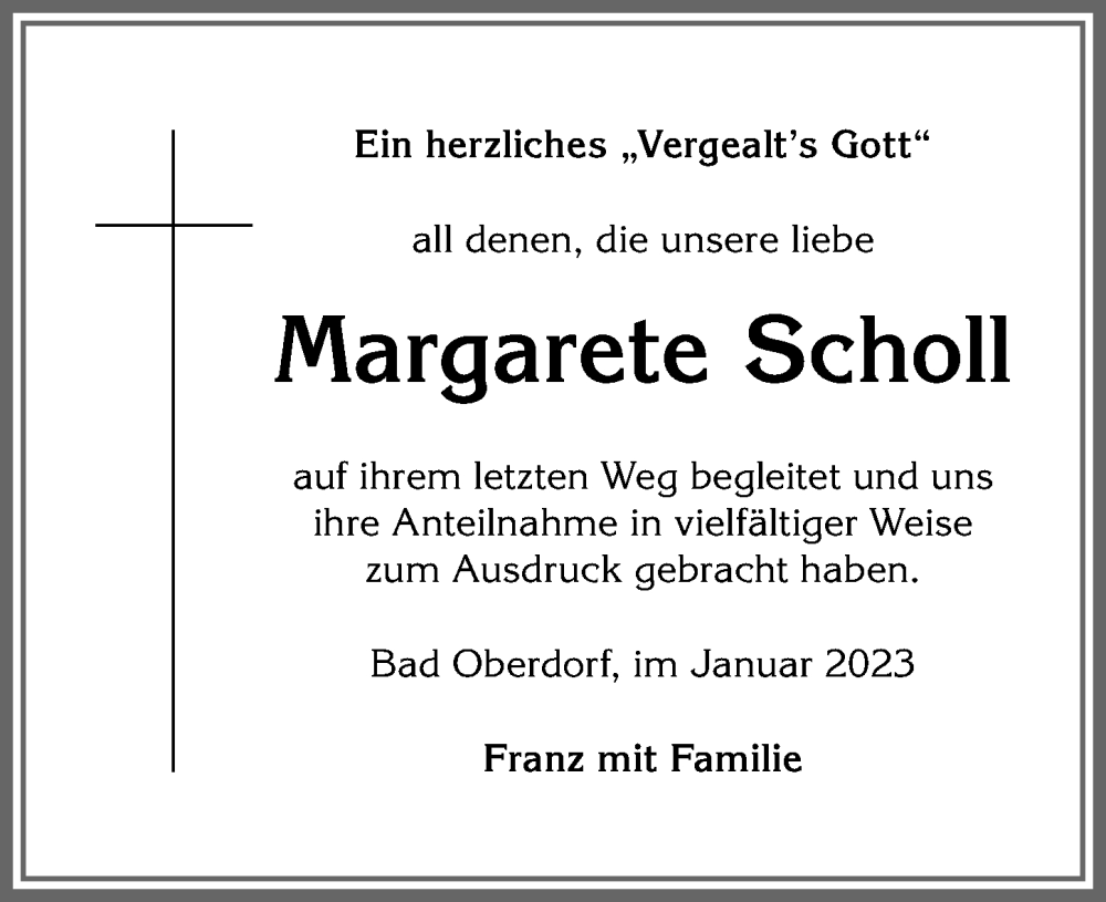  Traueranzeige für Margarete Scholl vom 10.01.2023 aus Allgäuer Anzeigeblatt