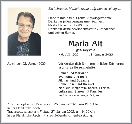Traueranzeige von Maria Alt von Allgäuer Anzeigeblatt