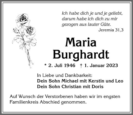 Traueranzeige von Maria Burghardt von Allgäuer Zeitung,Kempten