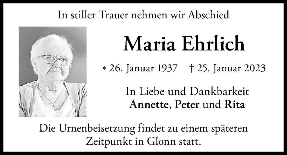  Traueranzeige für Maria Ehrlich vom 28.01.2023 aus Allgäuer Zeitung,Kempten