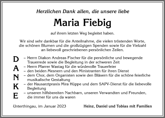 Traueranzeige von Maria Fiebig von Allgäuer Zeitung, Marktoberdorf