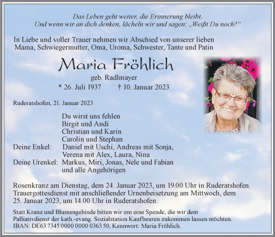 Traueranzeige von Maria Fröhlich von Allgäuer Zeitung, Marktoberdorf