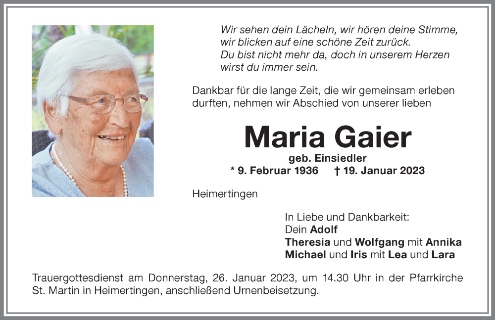  Traueranzeige für Maria Gaier vom 24.01.2023 aus Memminger Zeitung