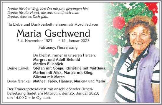 Traueranzeige von Maria Gschwend von Allgäuer Zeitung,Kempten