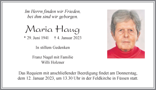 Traueranzeige von Maria Haug von Allgäuer Zeitung, Füssen