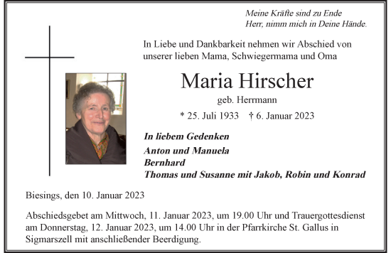 Traueranzeige von Maria Hirscher von Der Westallgäuer