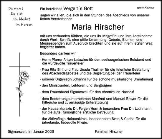 Traueranzeige von Maria Hirscher von Der Westallgäuer