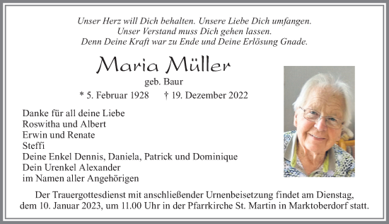 Traueranzeige von Maria Müller von Allgäuer Zeitung, Marktoberdorf