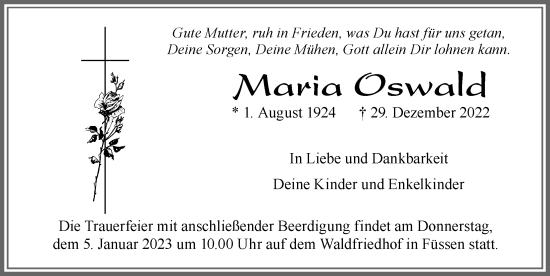 Traueranzeige von Maria Oswald von Allgäuer Zeitung, Füssen