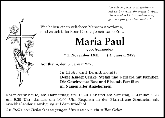 Traueranzeige von Maria Paul von Memminger Zeitung