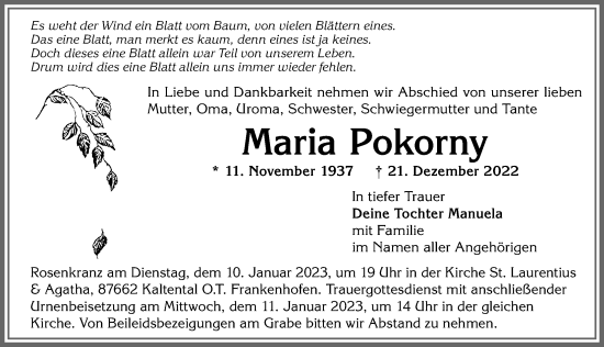 Traueranzeige von Maria Pokorny von Allgäuer Zeitung, Kaufbeuren/Buchloe