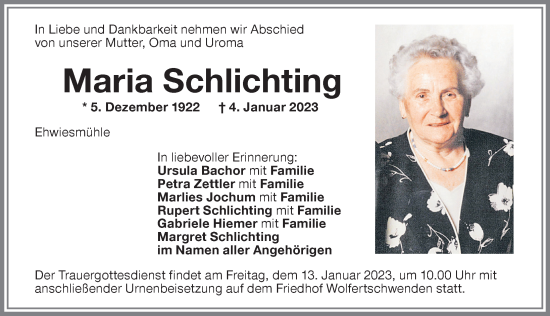 Traueranzeige von Maria Schlichting von Memminger Zeitung