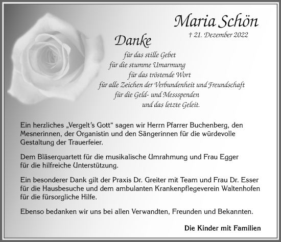Traueranzeige von Maria Schön von Allgäuer Zeitung,Kempten