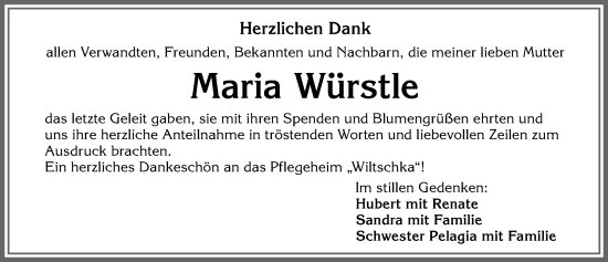 Traueranzeige von Maria Würstle von Allgäuer Zeitung, Kaufbeuren/Buchloe