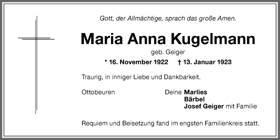 Traueranzeige von Maria Anna Kugelmann von Memminger Zeitung