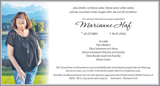 Traueranzeige von Marianne Haf von Allgäuer Zeitung, Füssen