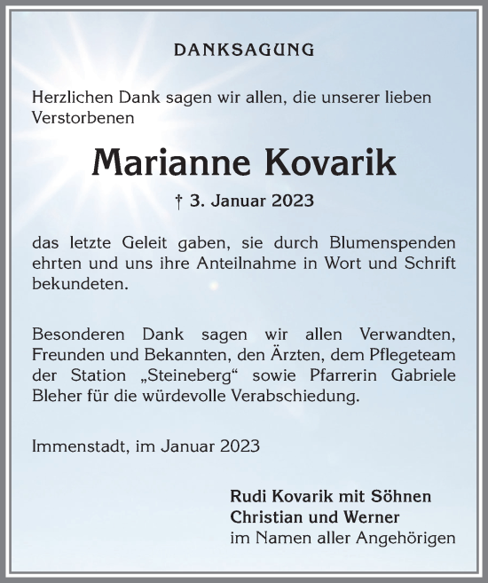 Traueranzeige von Marianne Kovarik von Allgäuer Anzeigeblatt