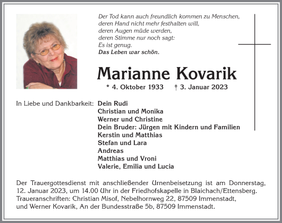 Traueranzeige von Marianne Kovarik von Allgäuer Anzeigeblatt