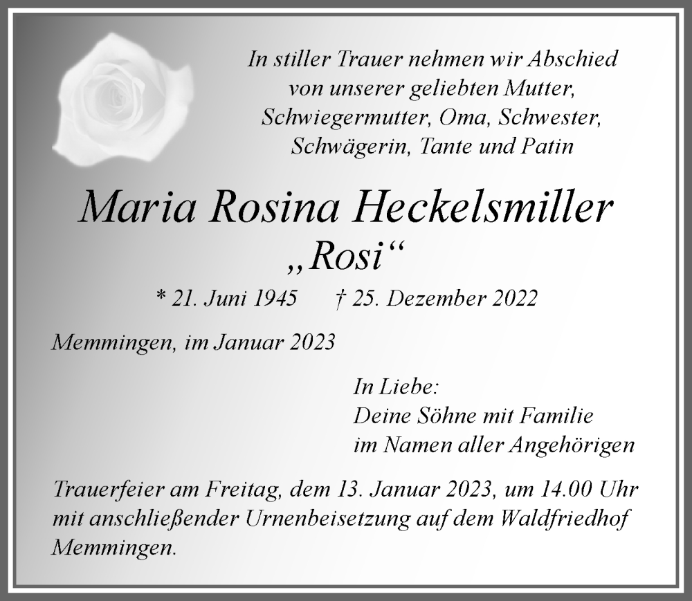  Traueranzeige für Maria Rosina Heckelsmiller vom 11.01.2023 aus Memminger Zeitung