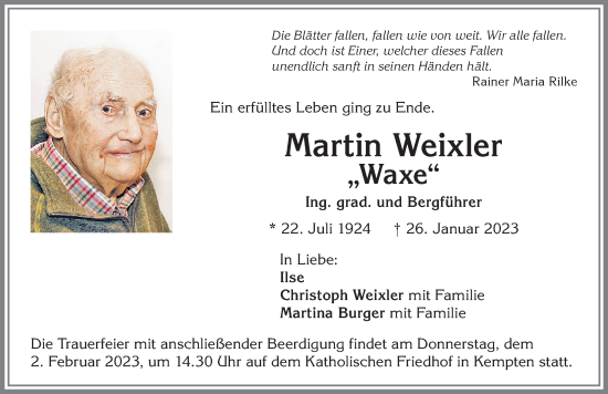 Traueranzeige von Martin Weixler von Allgäuer Anzeigeblatt