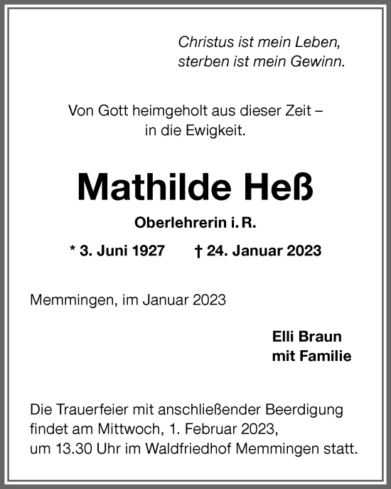 Traueranzeige von Mathilde Heß von Memminger Zeitung