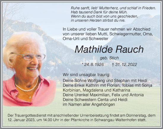 Traueranzeige von Mathilde Rauch von Allgäuer Zeitung, Füssen