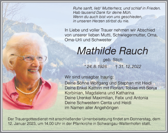 Traueranzeige von Mathilde Rauch von Allgäuer Zeitung, Marktoberdorf