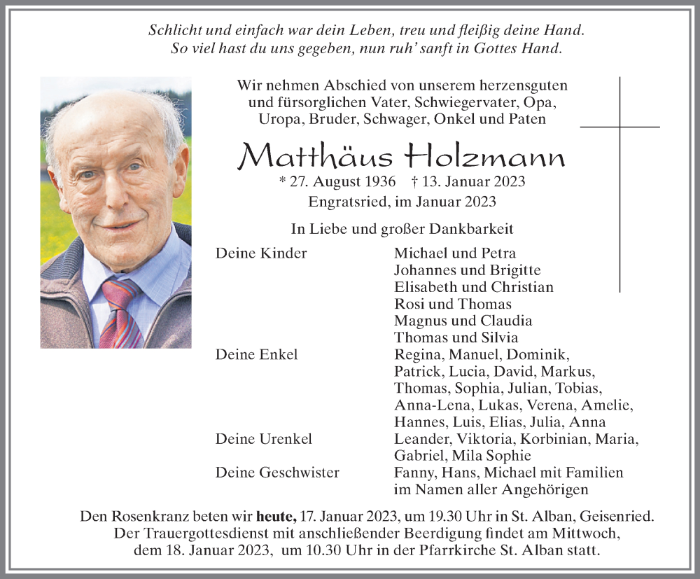  Traueranzeige für Matthäus Holzmann vom 17.01.2023 aus Allgäuer Zeitung, Marktoberdorf