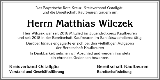 Traueranzeige von Matthias Wilczek von Allgäuer Zeitung, Kaufbeuren/Buchloe
