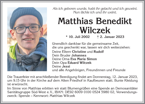 Traueranzeige von Matthias Benedikt Wilczek von Allgäuer Zeitung, Kaufbeuren/Buchloe