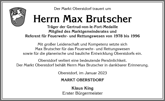 Traueranzeige von Max Brutscher von Allgäuer Anzeigeblatt