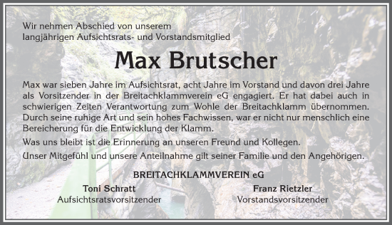 Traueranzeige von Max Brutscher von Allgäuer Anzeigeblatt