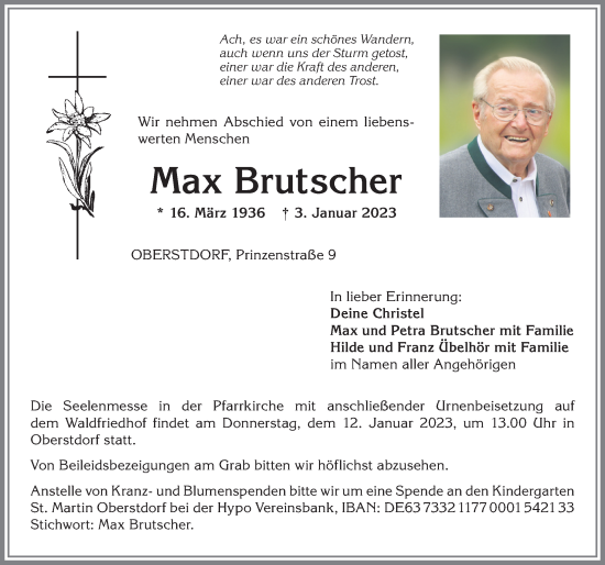 Traueranzeige von Max Brutscher von Allgäuer Anzeigeblatt