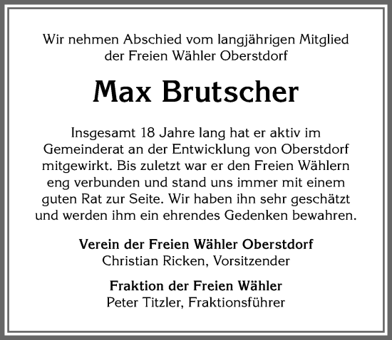 Traueranzeige von Max Brutscher von Allgäuer Anzeigeblatt