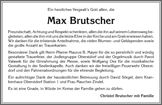 Traueranzeige von Max Brutscher von Allgäuer Anzeigeblatt