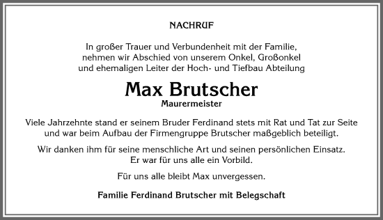 Traueranzeige von Max Brutscher von Allgäuer Anzeigeblatt