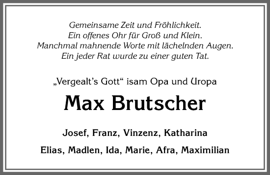 Traueranzeige von Max Brutscher von Allgäuer Anzeigeblatt