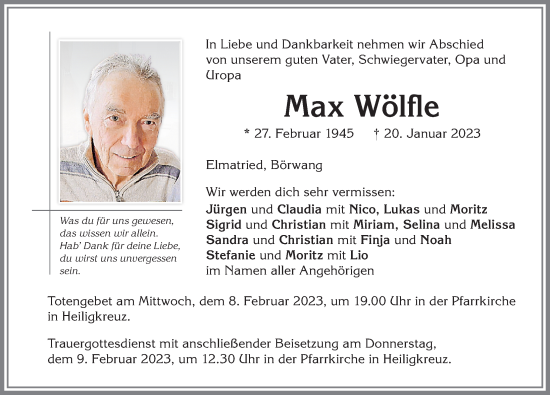 Traueranzeige von Max Wölfle von Allgäuer Zeitung,Kempten