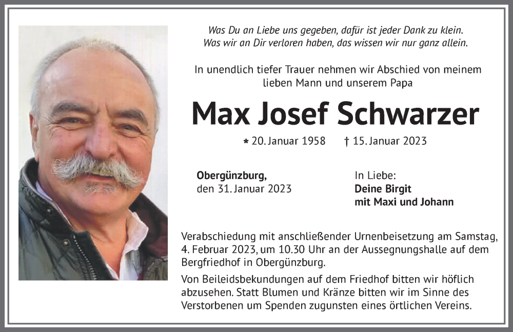  Traueranzeige für Max Josef Schwarzer vom 31.01.2023 aus Allgäuer Zeitung, Marktoberdorf