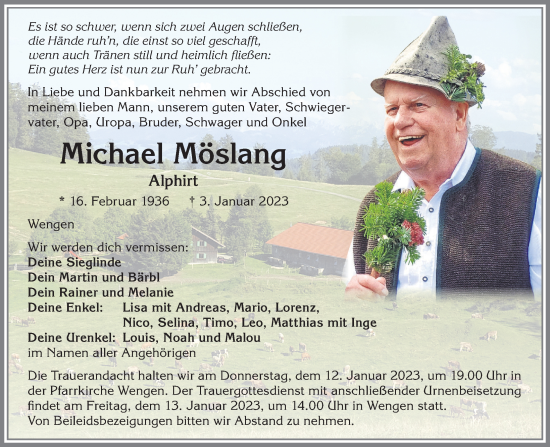Traueranzeige von Michael Möslang von Allgäuer Zeitung,Kempten