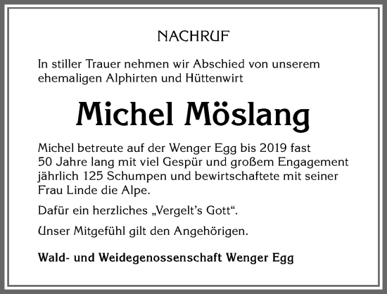 Traueranzeige von Michel Möslang von Allgäuer Zeitung,Kempten