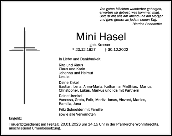 Traueranzeige von Mini Hasel von Der Westallgäuer
