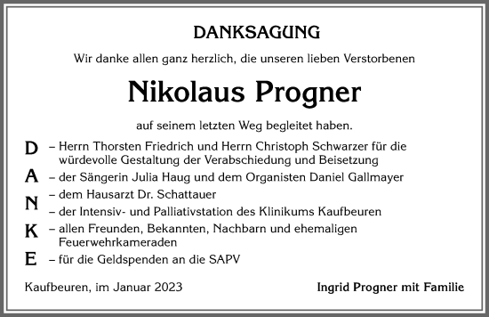 Traueranzeige von Nikolaus Progner von Allgäuer Zeitung, Kaufbeuren/Buchloe